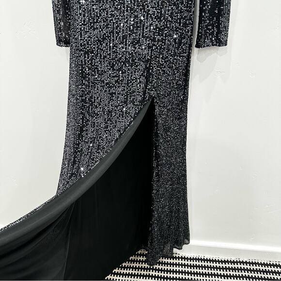 NWT Leena Mac Duggal Metallic Sequin High Neck Long Sleeve Gown. Graphite - Picture 7 of 11